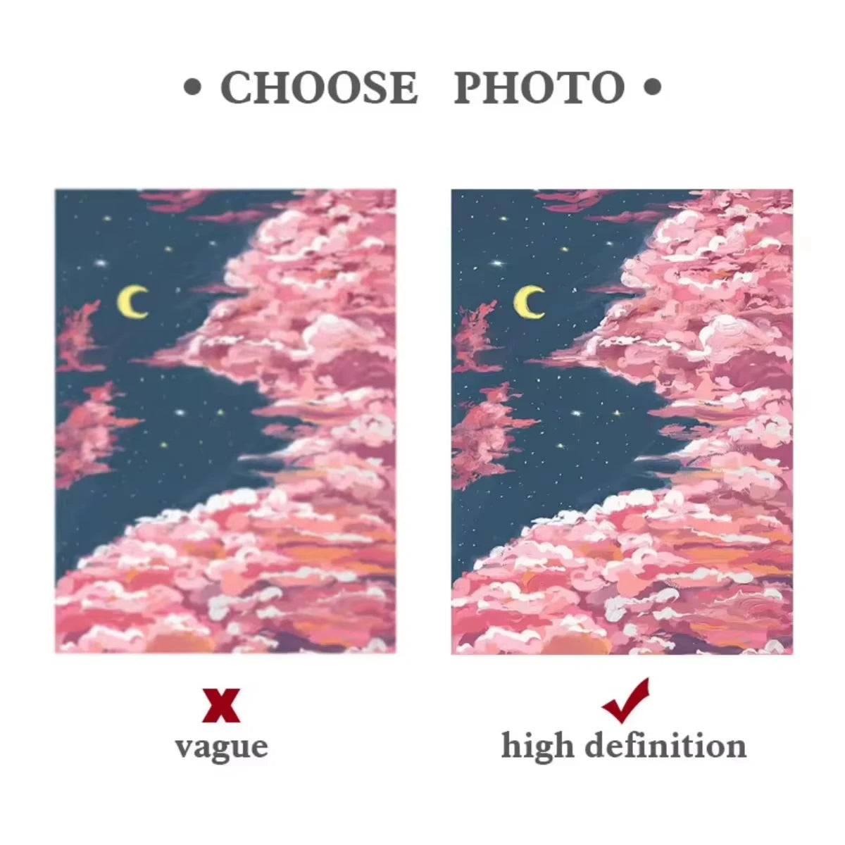 Two photo options are presented: one is vague and the other shows a high-definition pink and purple sky with clouds and a cre