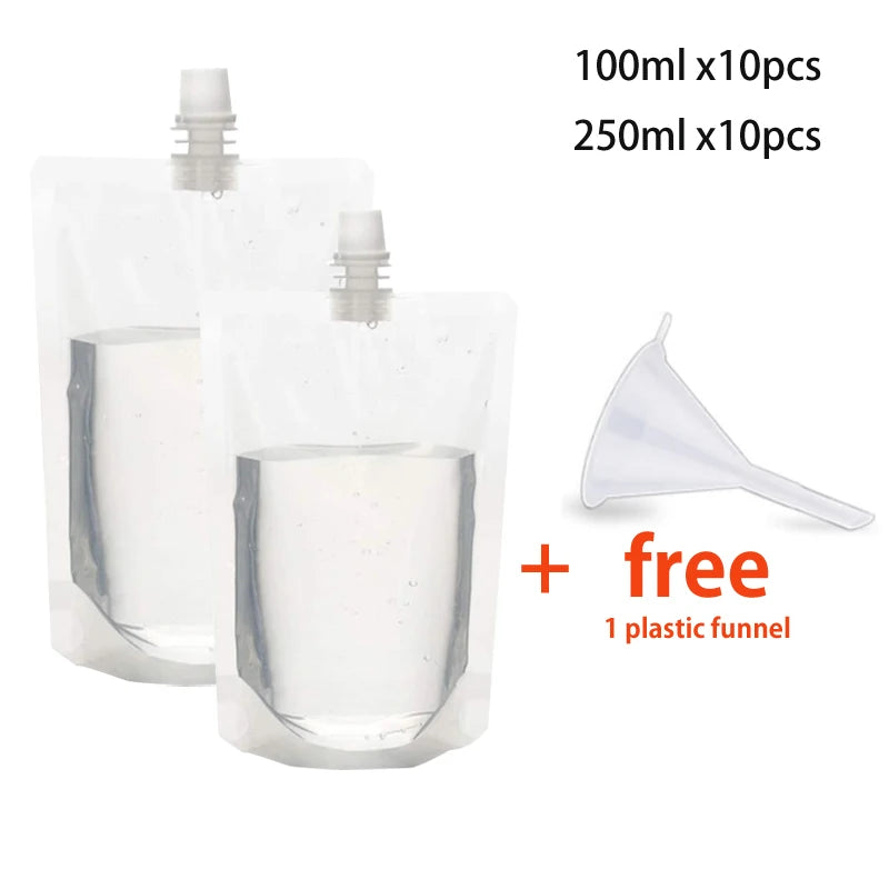 Bolsas de plástico transparentes para botellas de 100ml y 250ml con embudo