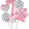 A foil balloon set featuring a number 7, a heart, and three paw print shapes in pink and white.