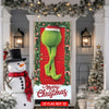 A festive Christmas door cover flag featuring a green beard decoration on a red door surrounded by greenery and ornaments.