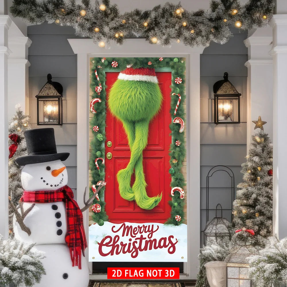 A festive Christmas door cover flag featuring a green beard decoration on a red door surrounded by greenery and ornaments.