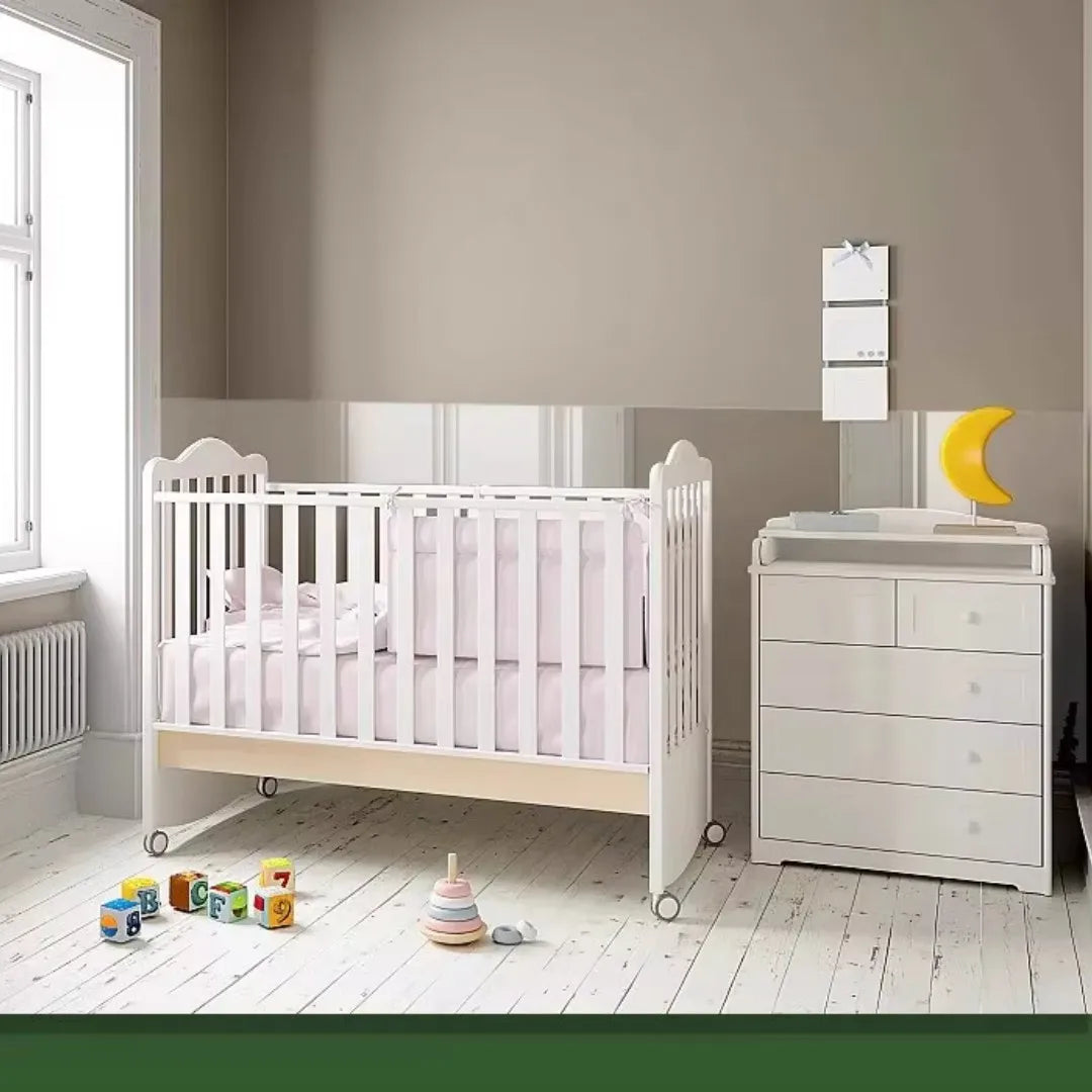 A white crib and dresser in a nursery setting with a window, featuring removable frosted glass film.