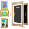 A set of wooden picture frames displaying various colorful drawings and photos.