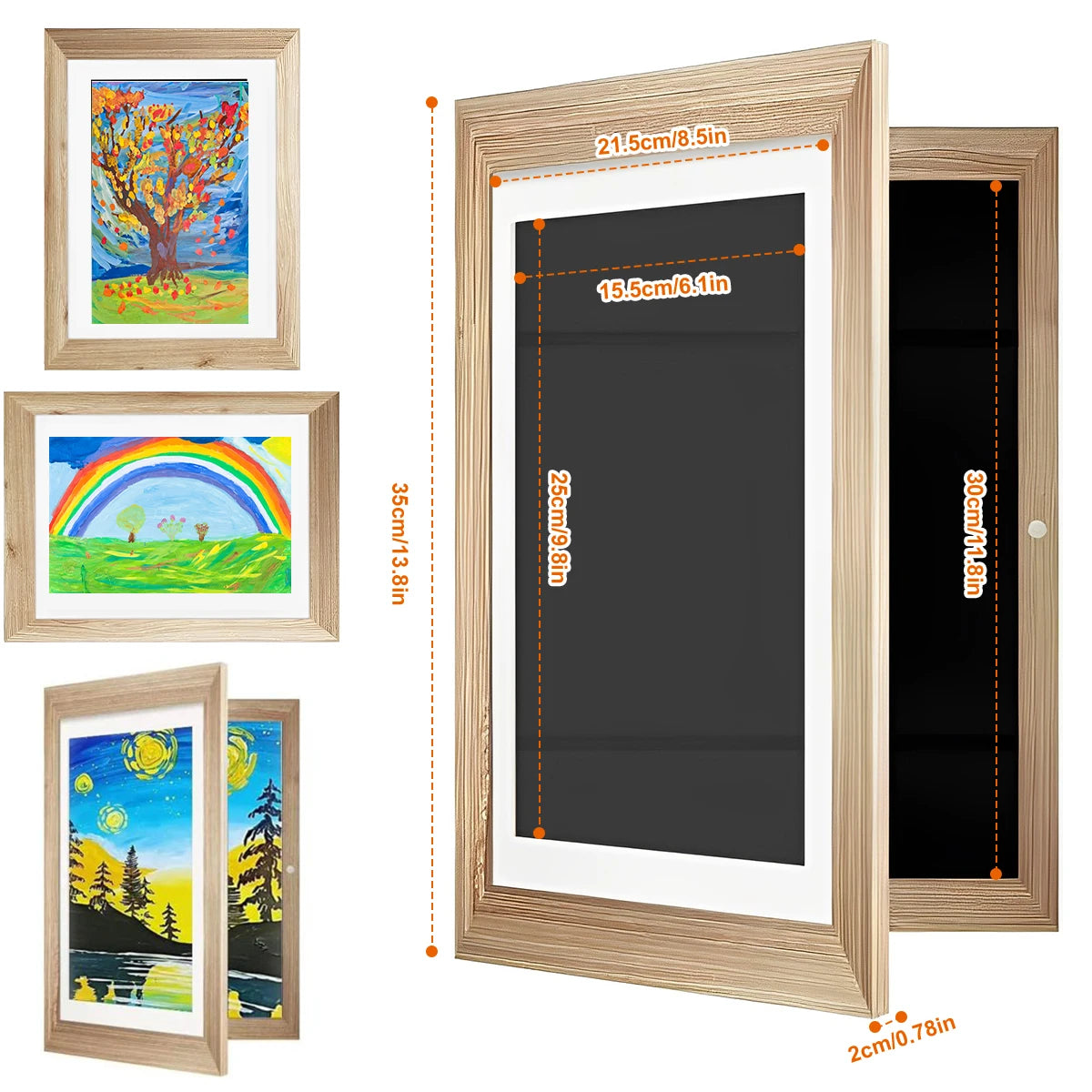 A set of wooden picture frames displaying various colorful drawings and photos.