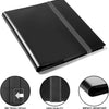 Black trading card storage binder featuring side-loading pockets and an elastic strap closure.