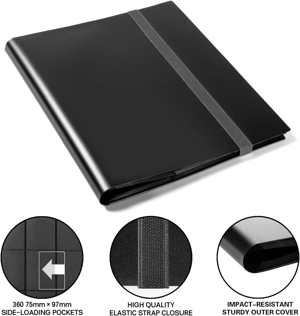 Black trading card storage binder featuring side-loading pockets and an elastic strap closure.