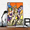 A vibrant anime poster featuring characters from JoJo's Bizarre Adventure in a dynamic, colorful style.