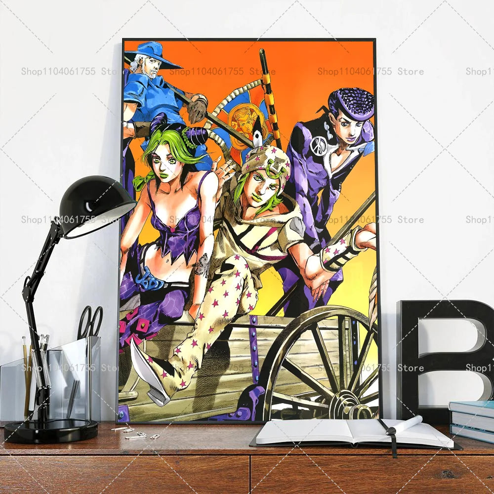 A vibrant anime poster featuring characters from JoJo's Bizarre Adventure in a dynamic, colorful style.