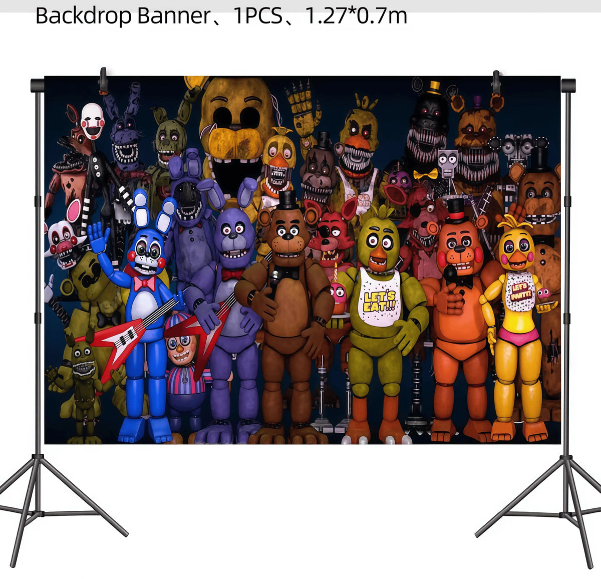 A banner featuring various Five Nights at Freddy's characters and animatronics for a birthday party.