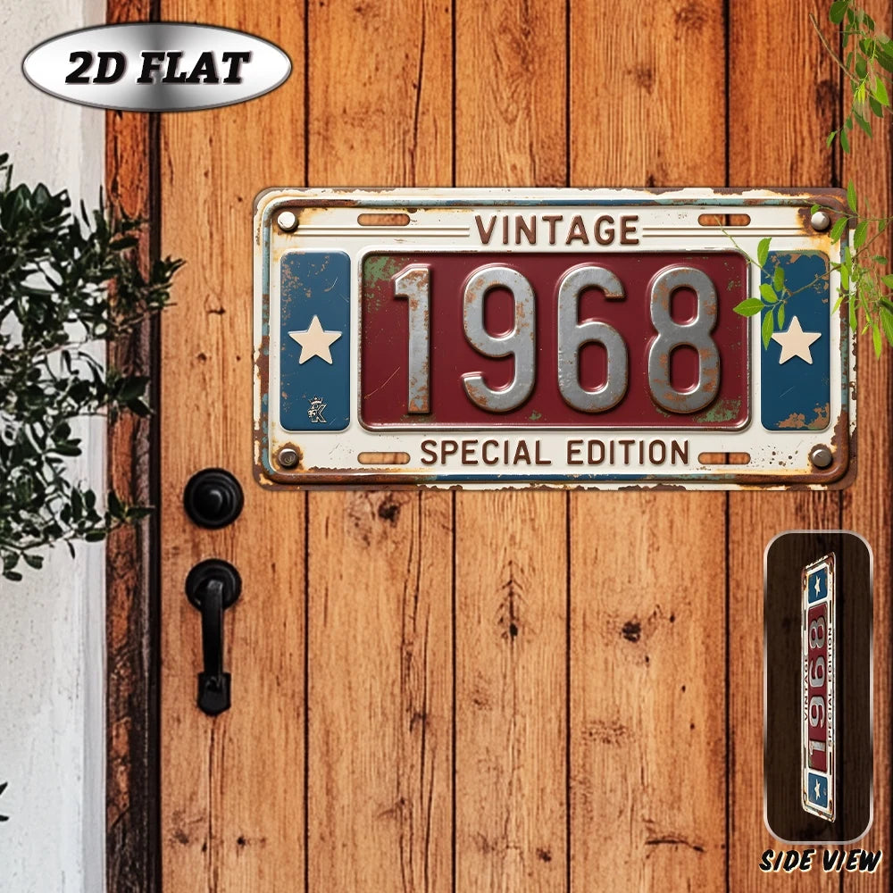 A vintage metal plaque with the year 1968 and stars is mounted on a wooden door.