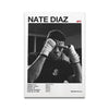 Schwarz-weißes Foto von Nate Diaz mit verbanderten Händen, featuring seinen Namen und UFC-Branding.