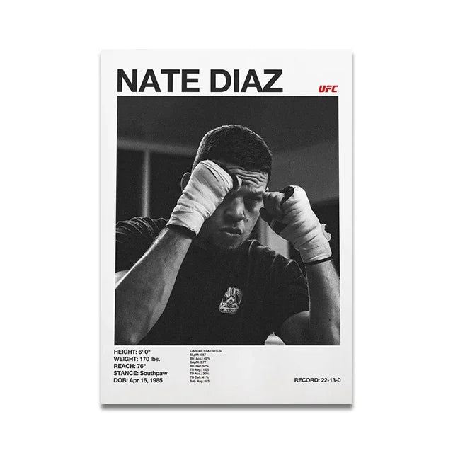 Schwarz-weißes Foto von Nate Diaz mit verbanderten Händen, featuring seinen Namen und UFC-Branding.