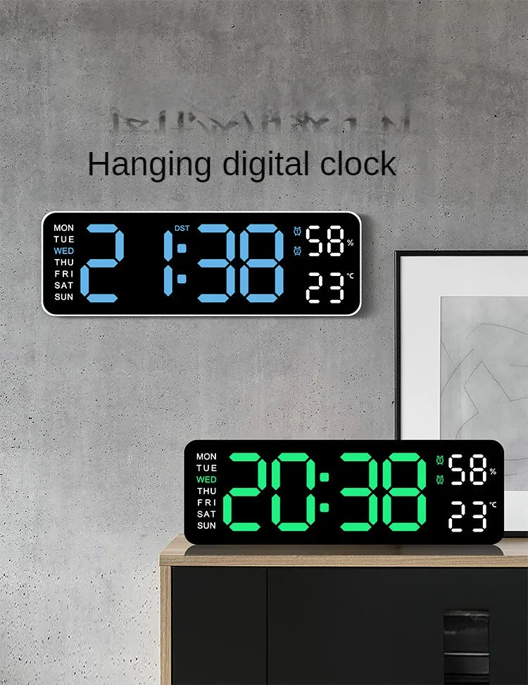 A black digital clock hanging on a gray wall displaying the time 2:38 and temperature 23 degrees.