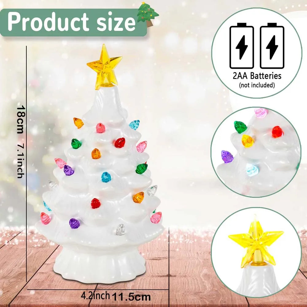 A white ceramic Christmas tree decorated with multicolor LED lights and topped with a gold star.