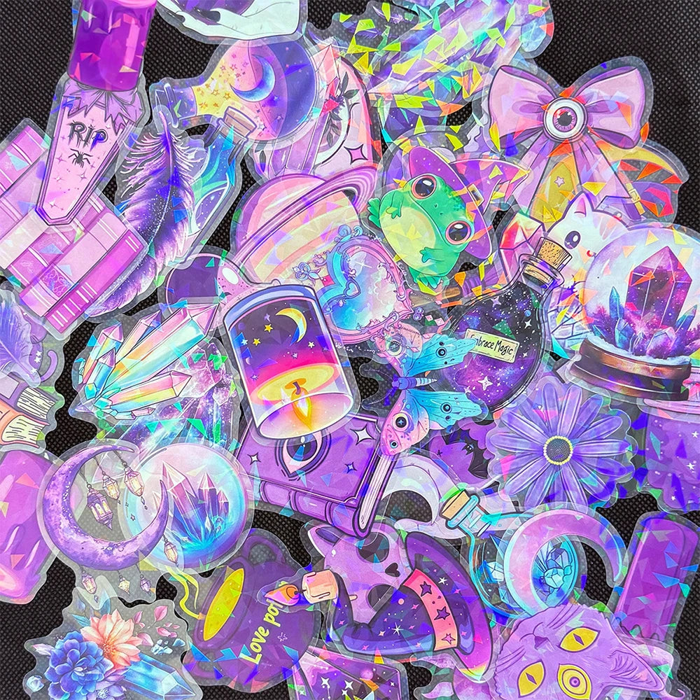 A colorful pack of laser cute magic witch graffiti stickers featuring various purple, pink, and neon designs.