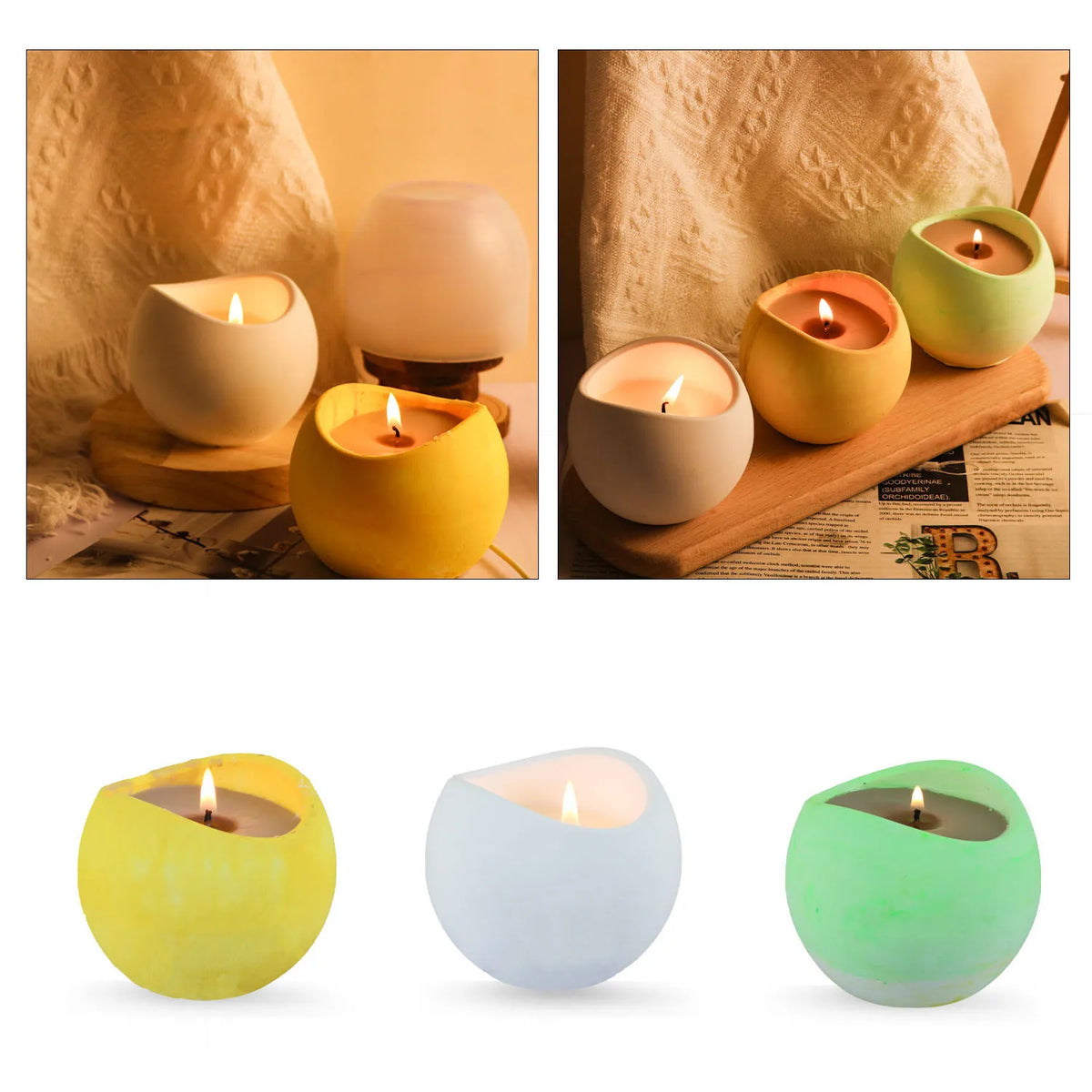 A set of colorful silicone arc candle jars in yellow, beige, green, and white, shown in various lighting and contexts.