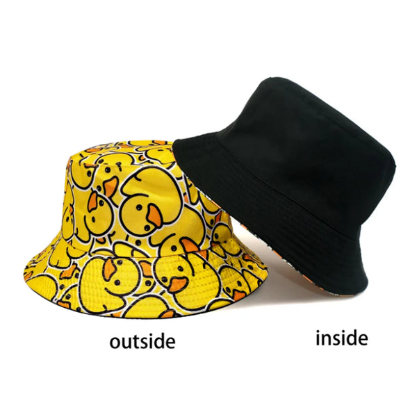 Yellow duck print reversible bucket hat shown with outside and inside views