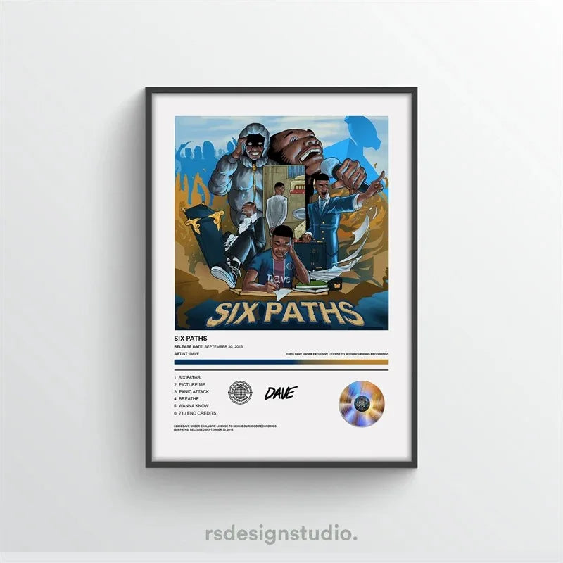 A framed canvas wall art featuring the Six Paths album cover poster with a group of people.
