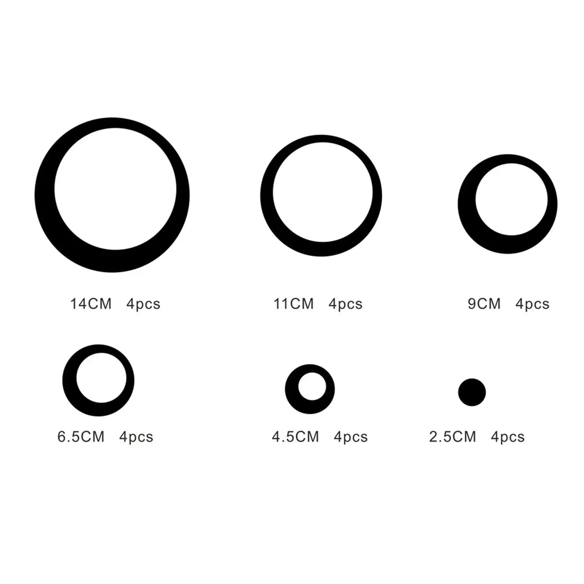 A set of five black geometric hollow circle mirror wall stickers of varying diameters.