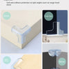 Silicone corner protectors shown on a desk, range hood, table corner, and stove.