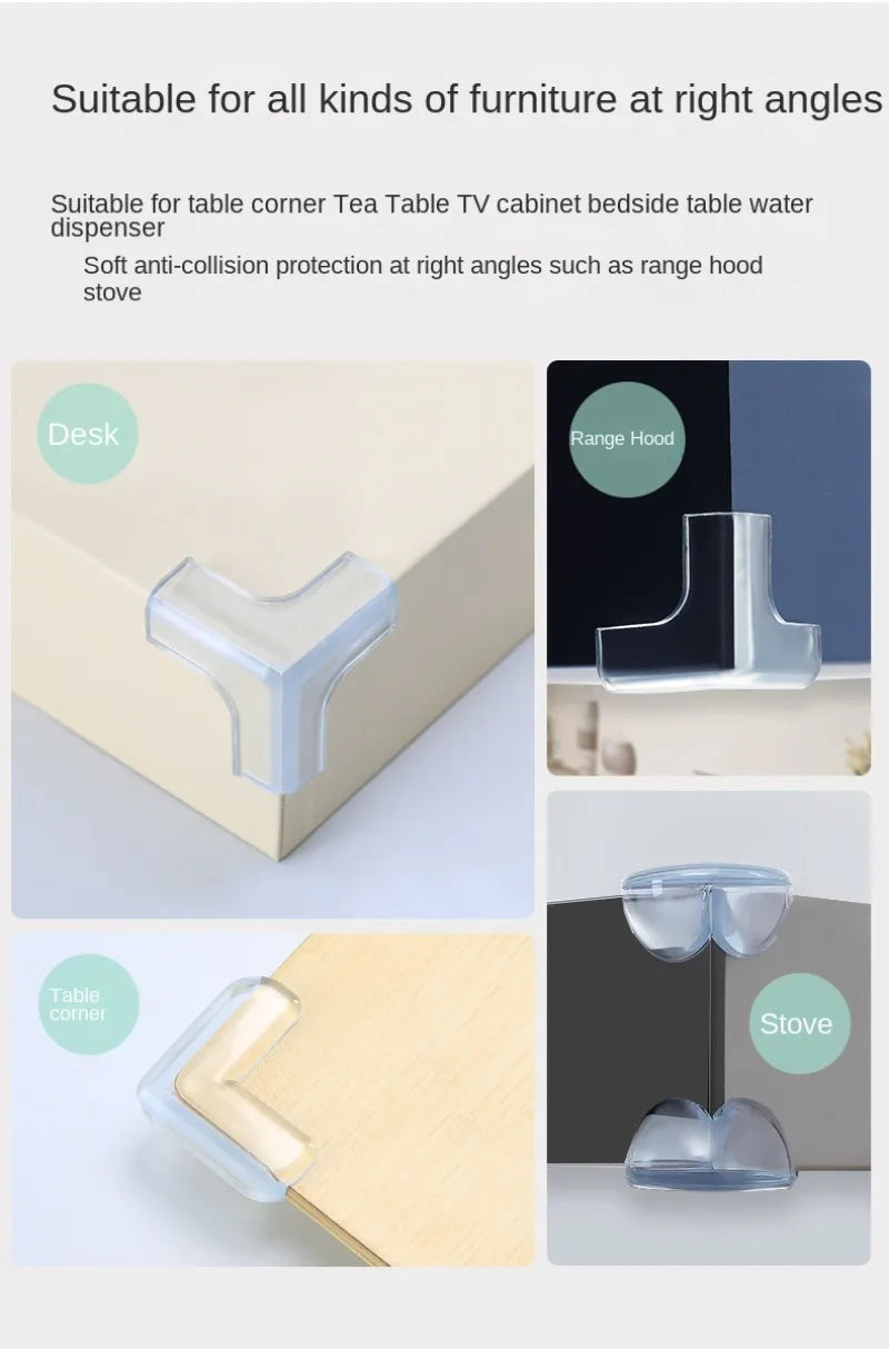 Silicone corner protectors shown on a desk, range hood, table corner, and stove.