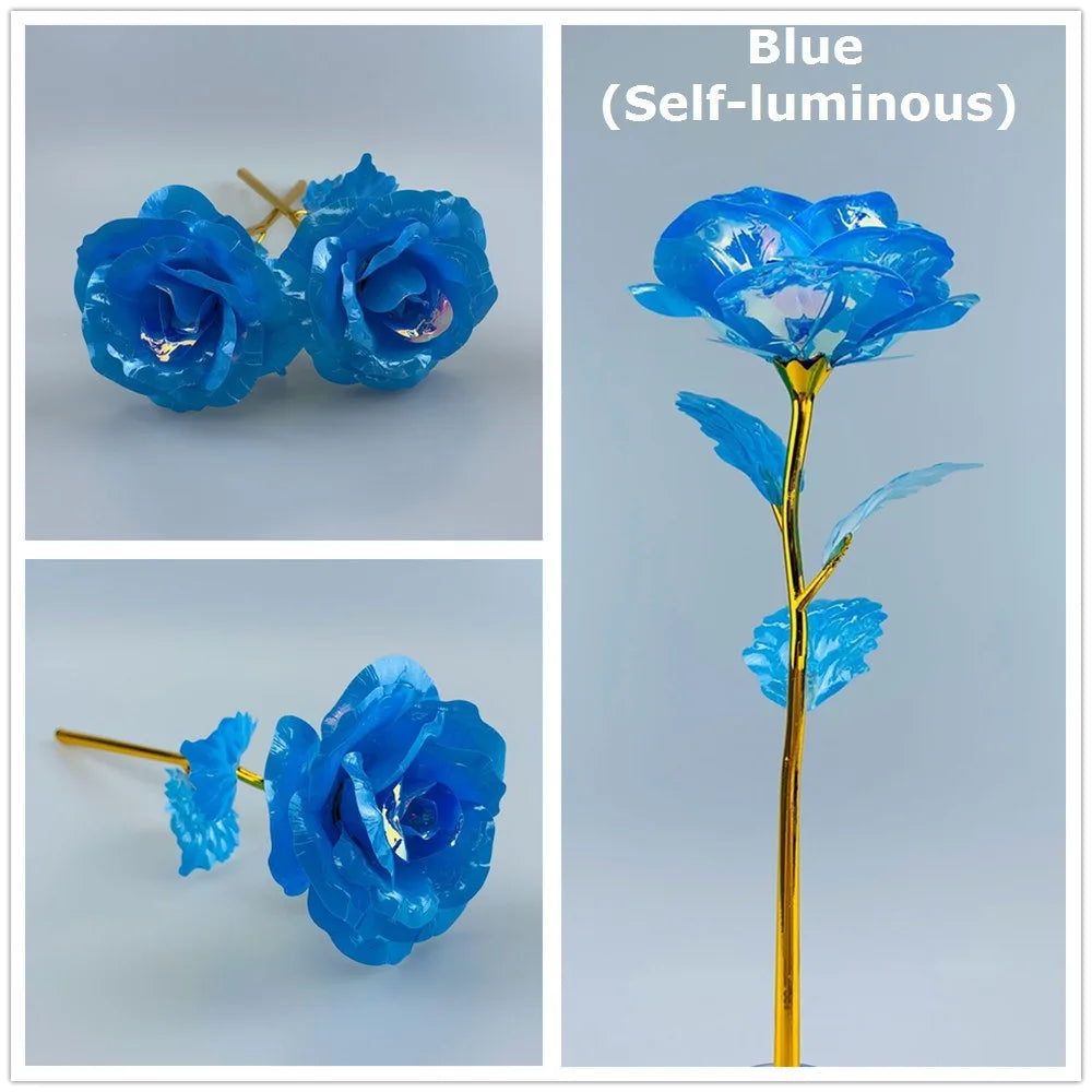 Blue self-luminous rose with a gold stem and leaves