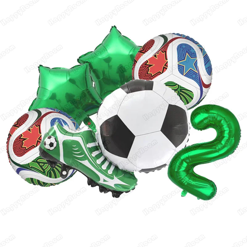 A set of six green and multi-colored soccer themed balloons, including a ball and a snake shape.