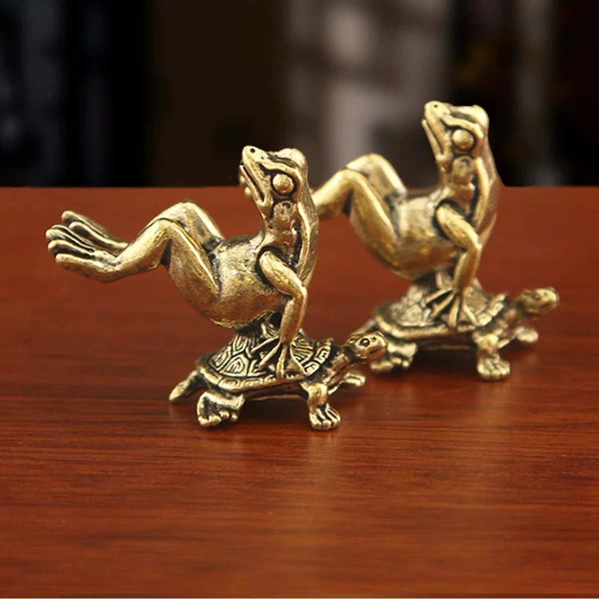 Antique Brass Frog and Turtle Figurine Set