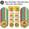 A set of Hawaiian luau party items including 7 and 9 inch plates, cups, napkins, and various decorative mats.