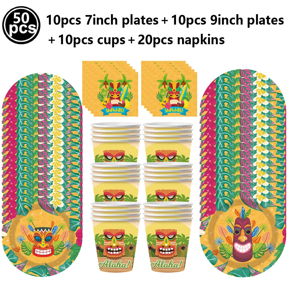 A set of Hawaiian luau party items including 7 and 9 inch plates, cups, napkins, and various decorative mats.
