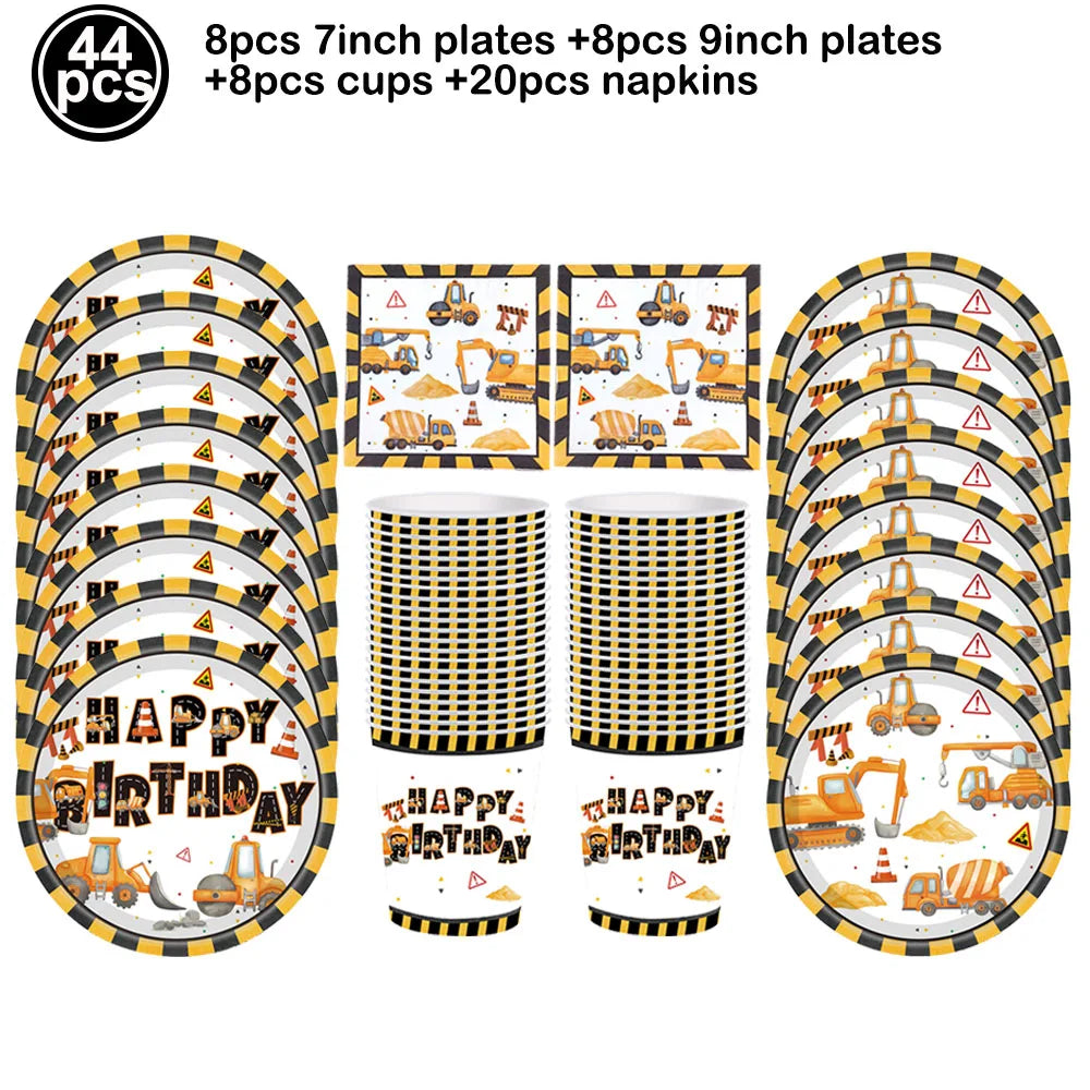 A set of construction vehicle themed birthday party tableware including plates, cups, and napkins.