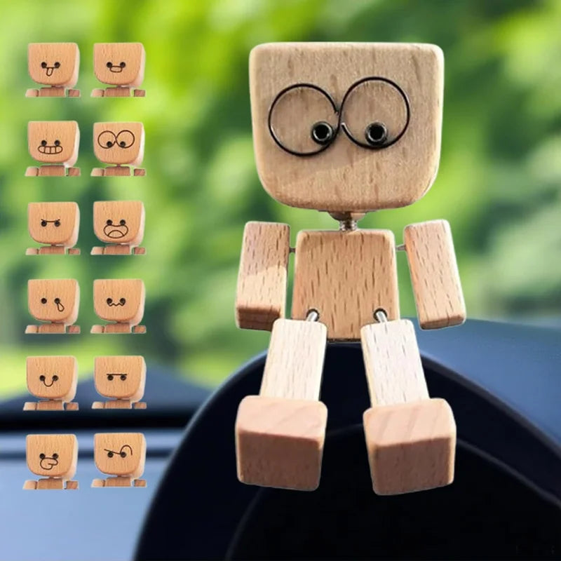 A wooden figurine of a man with expressive eyes and various facial expressions, shown in a row.
