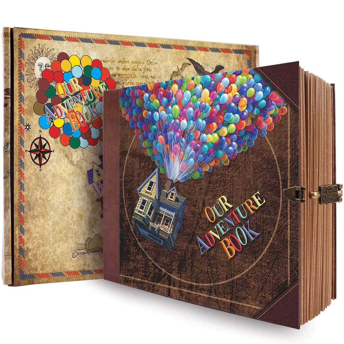 A handmade photo scrapbook album with a cover featuring colorful balloons and an adventure theme.