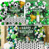 A display of green, black, and white balloons forming a football theme for a birthday party backdrop.
