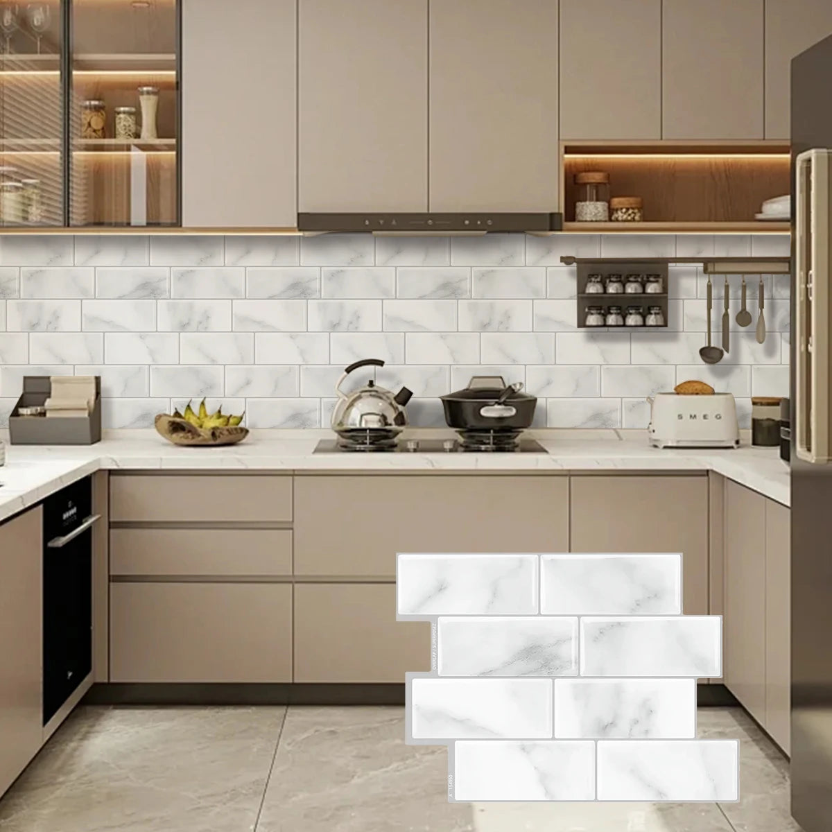 Modern kitchen featuring light beige cabinetry, white marble backsplash tiles, and stainless steel appliances.