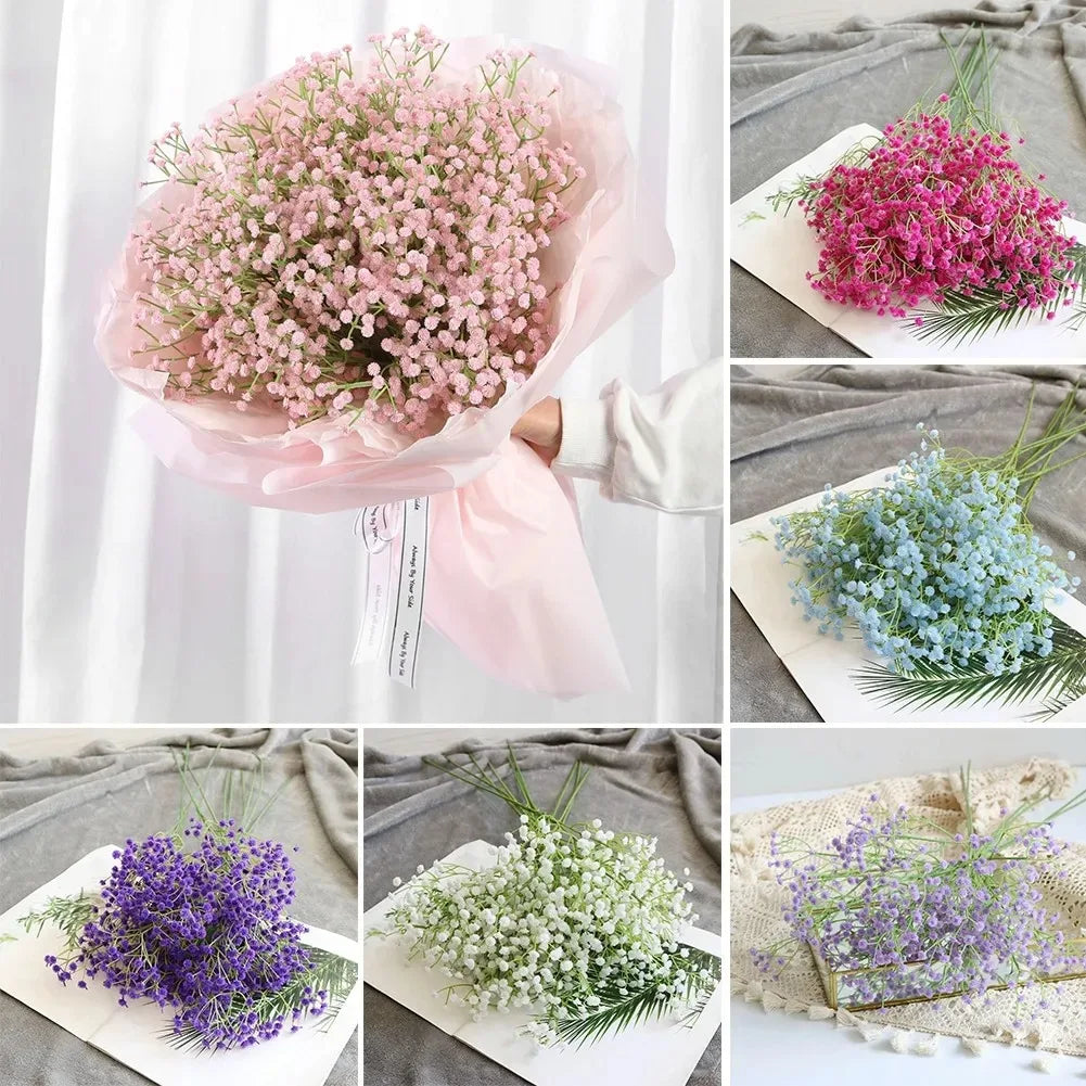 A bouquet of pink artificial gypsophila flowers in a sheer pink wrapping, displayed alongside various arrangements.