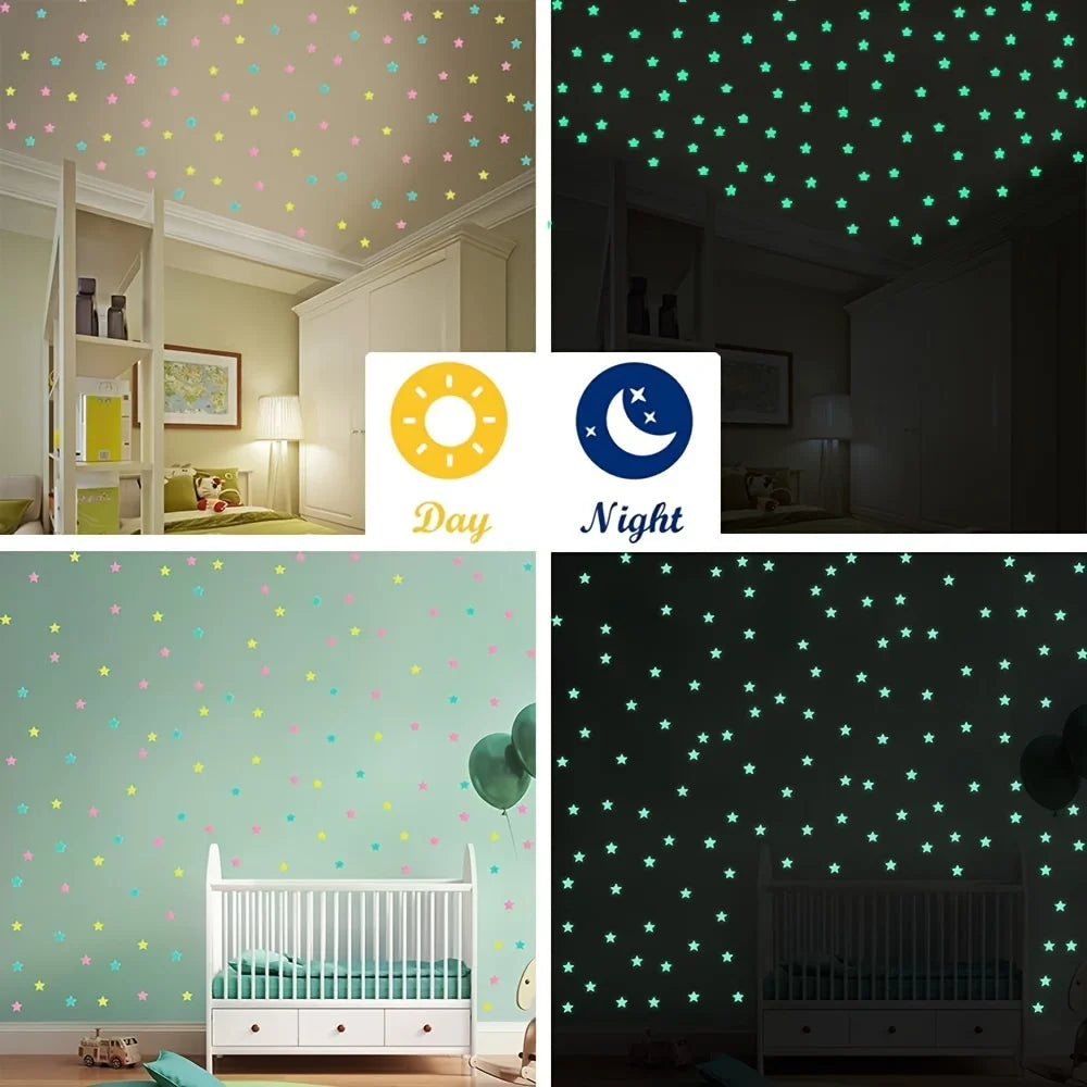 A set of glow in the dark star wall decals showing day and night versions on a nursery room wall.