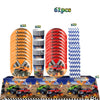 Monster truck birthday party decoration kit featuring trucks, tableware, and a checkered backdrop