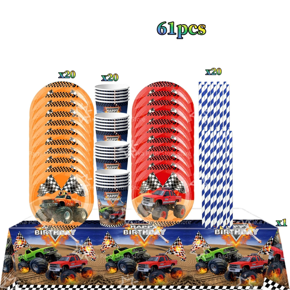 Monster truck birthday party decoration kit featuring trucks, tableware, and a checkered backdrop