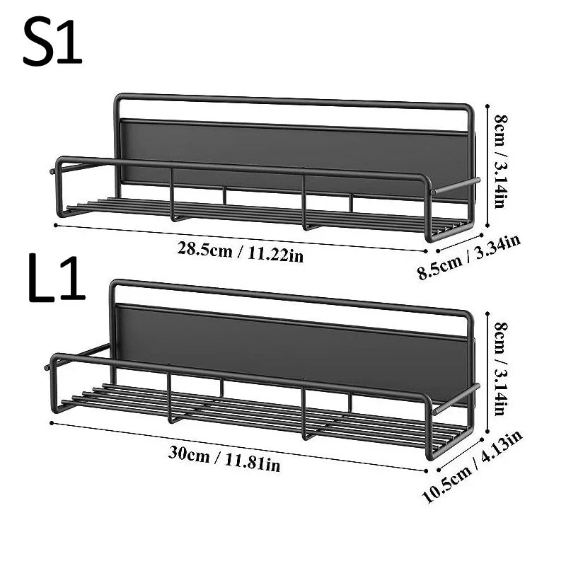 A black magnetic spice rack with a sliding tray for organizing refrigerator spices.