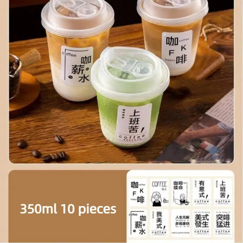 Un juego de 10 vasos desechables en forma de U para café o té, con varios sabores y marcas.