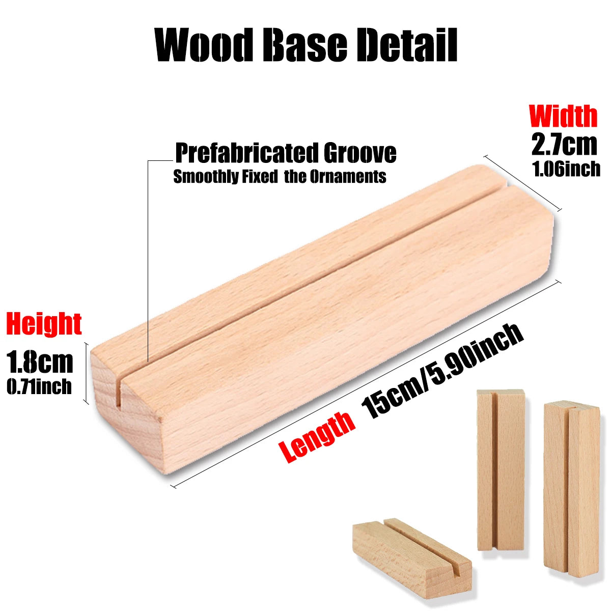 A wooden base detail showing the dimensions of a prefabricated groove, including height, width, and length.