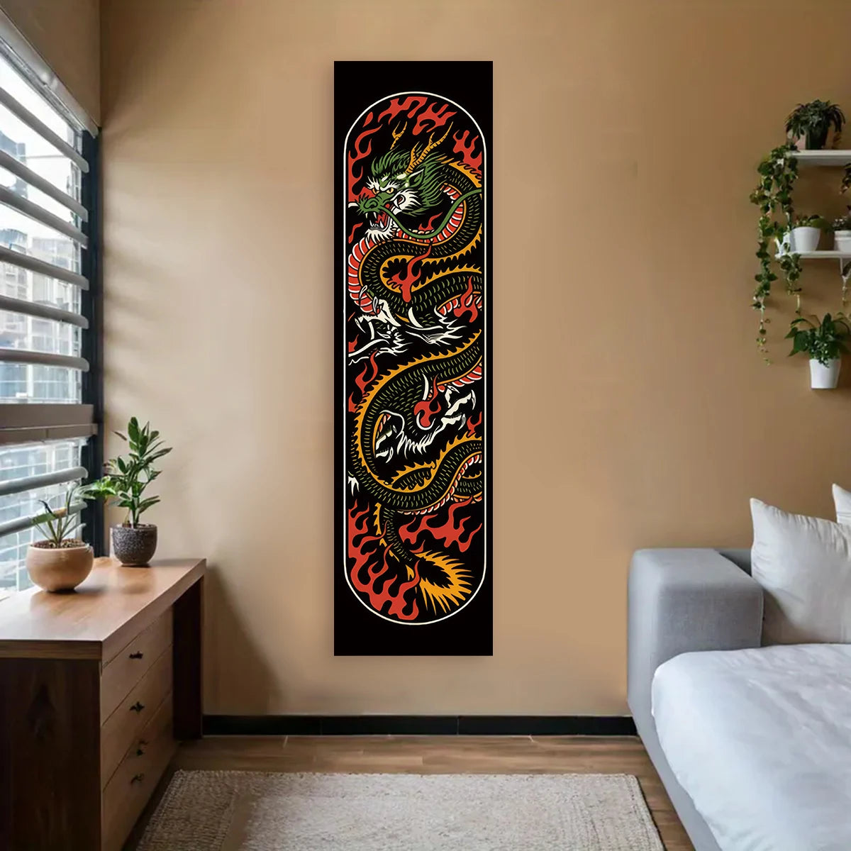 A vertical tapestry wall hanging depicting a black flame serpent in vibrant orange and yellow against a black background.