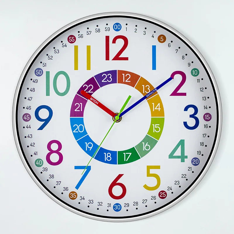 A colorful analog wall clock face with numbers 1 through 12 and minute markings, showing the time.