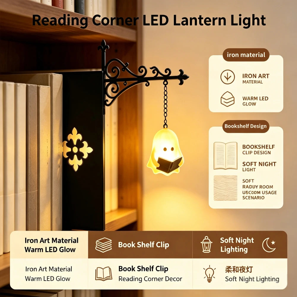 A black iron art lantern light illuminates a book on a wooden shelf, designed for reading corner decor.