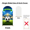 Front and back views of a single-sided arch cover backdrop for a birthday party photo booth featuring a soccer ball design