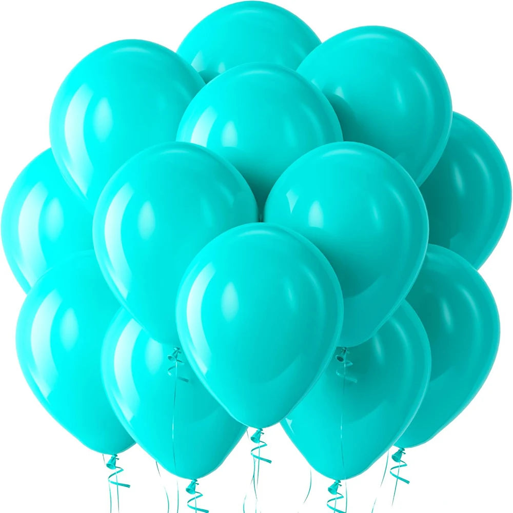 A cluster of light blue latex balloons floating against a white background.