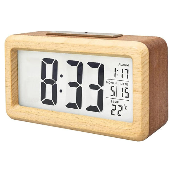 A light wood digital alarm clock displaying 8:33, with separate displays for alarm, month, date, and temperature.