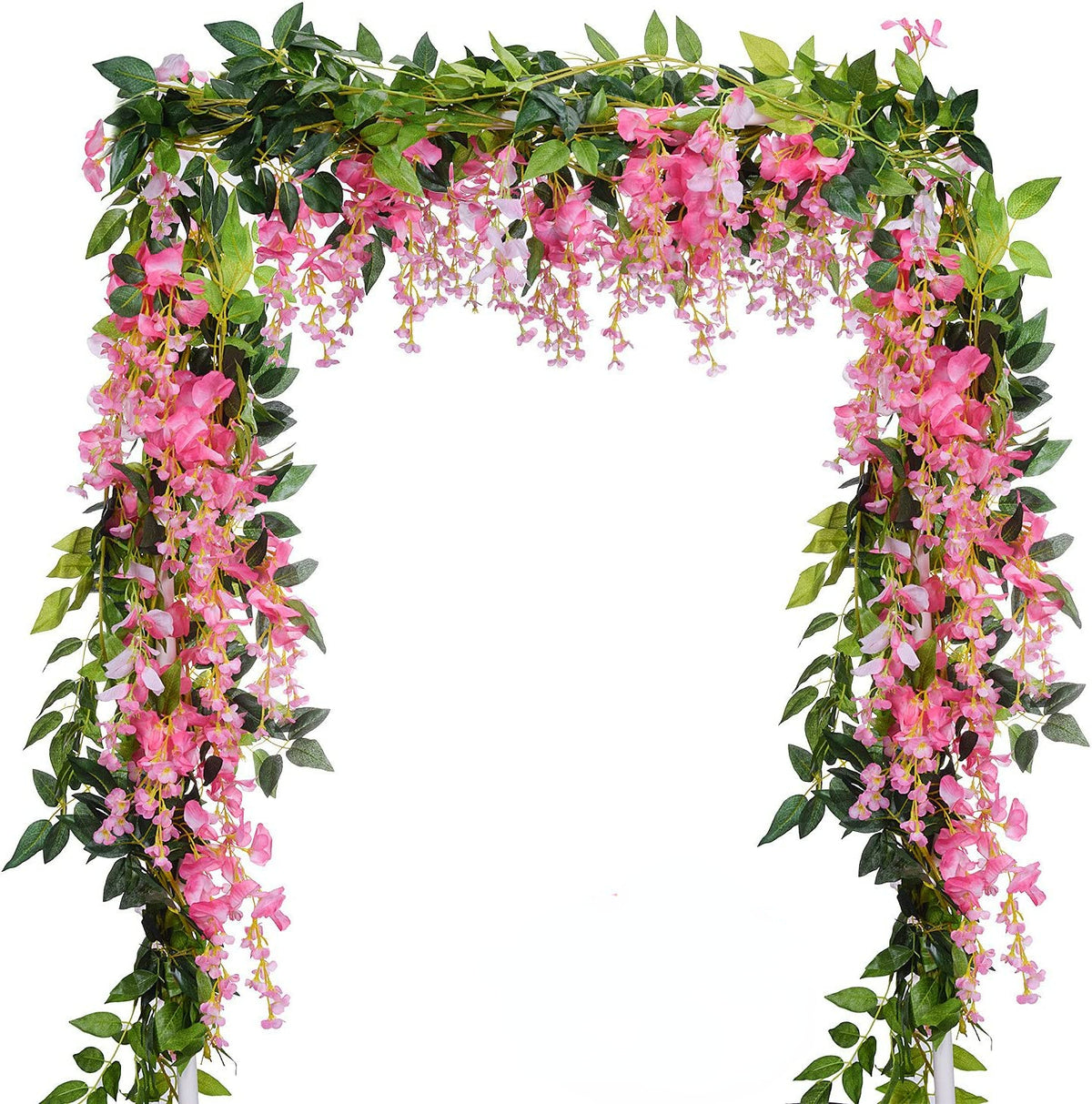 A lush green garland featuring pink silk wisteria vines and flowers for wedding or home decor.