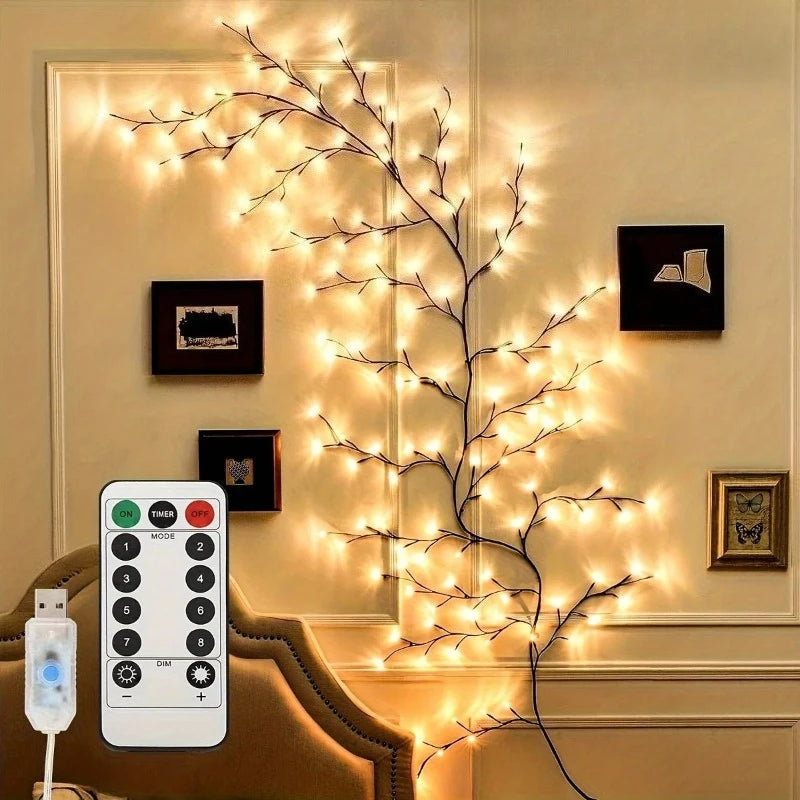 Flexible willow branch LED lights illuminating a wall with a smart light switch.